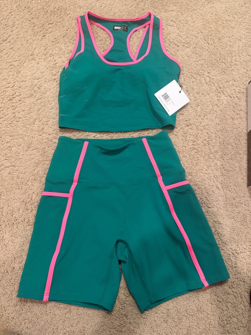 Beach Riot Teal Athletic set with Pink Trim, new with tags, never worn